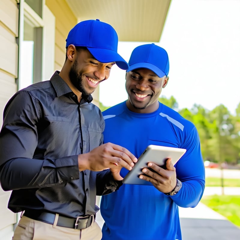 Software rep showing a hvac tech with a blue ballcap how to run their tablet Both of them smiling